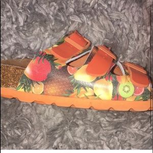 Fruit print slip on sandals